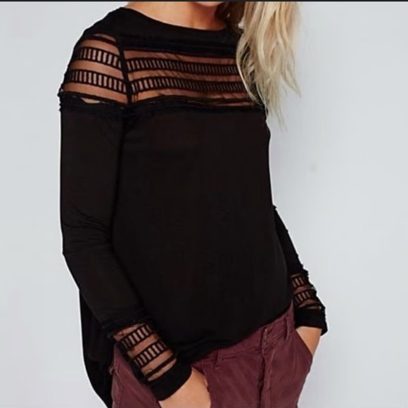 Free People Black lace long sleeve Patterned Top. W mesh. EC!! - Picture 1 of 4